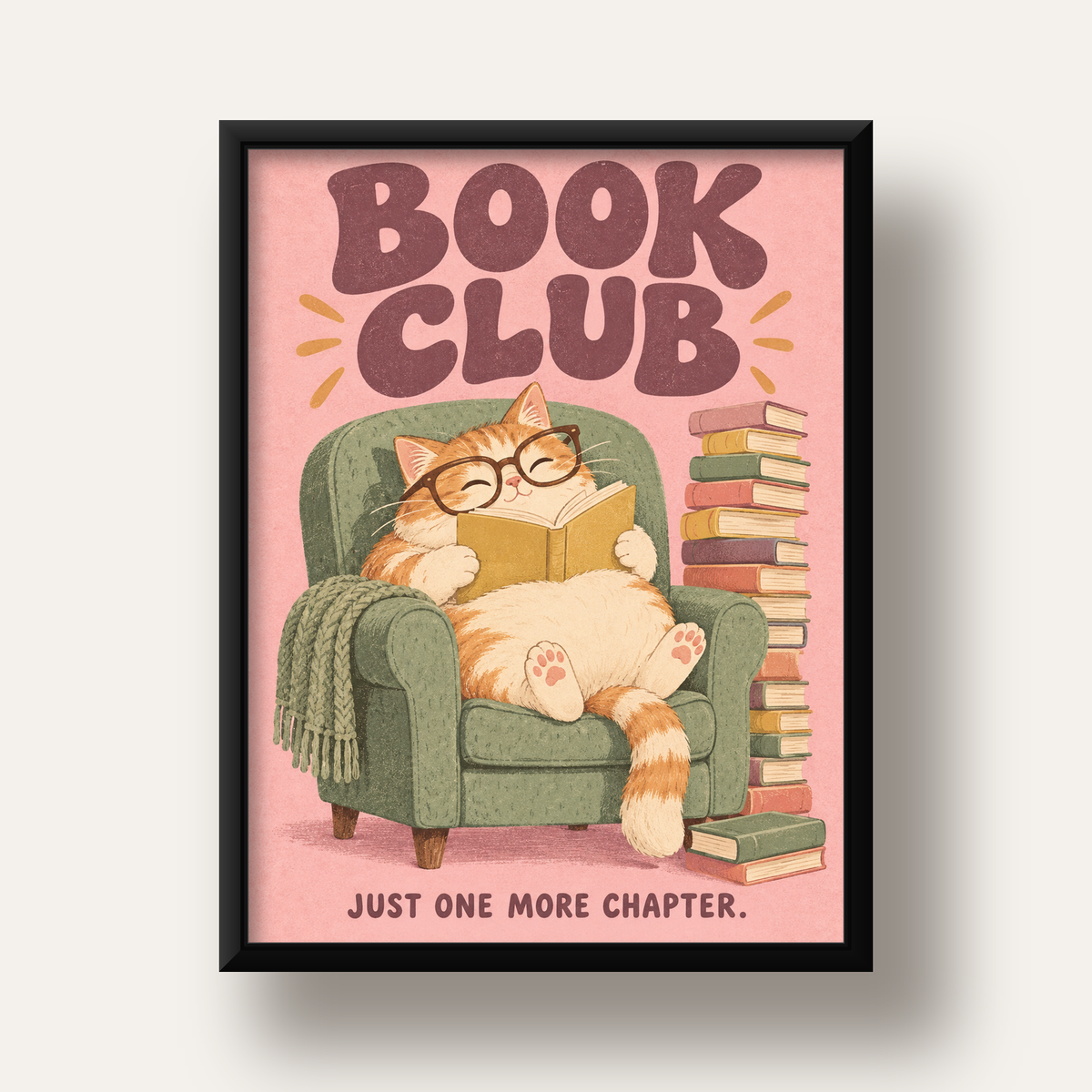 Kitap Okuyan Kedi Poster – Sevimli Book Club Duvar Dekoru — siyah derin çerçeveli