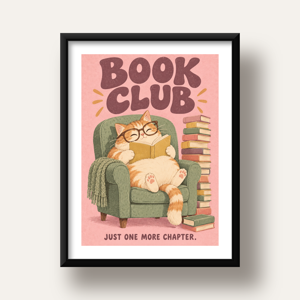 Kitap Okuyan Kedi Poster – Sevimli Book Club Duvar Dekoru — siyah derin çerçeveli paspartulu