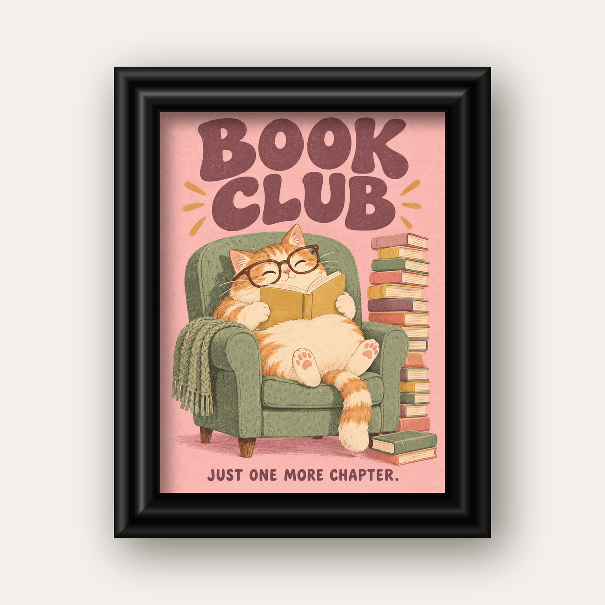 Kitap Okuyan Kedi Poster – Sevimli Book Club Duvar Dekoru — siyah galeri çerçeveli
