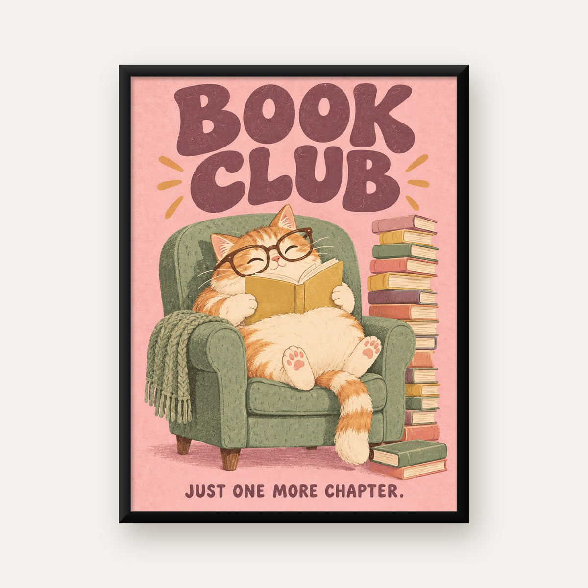 Kitap Okuyan Kedi Poster – Sevimli Book Club Duvar Dekoru — Dikey baskı, düz siyah çerçeveli duvar posteri