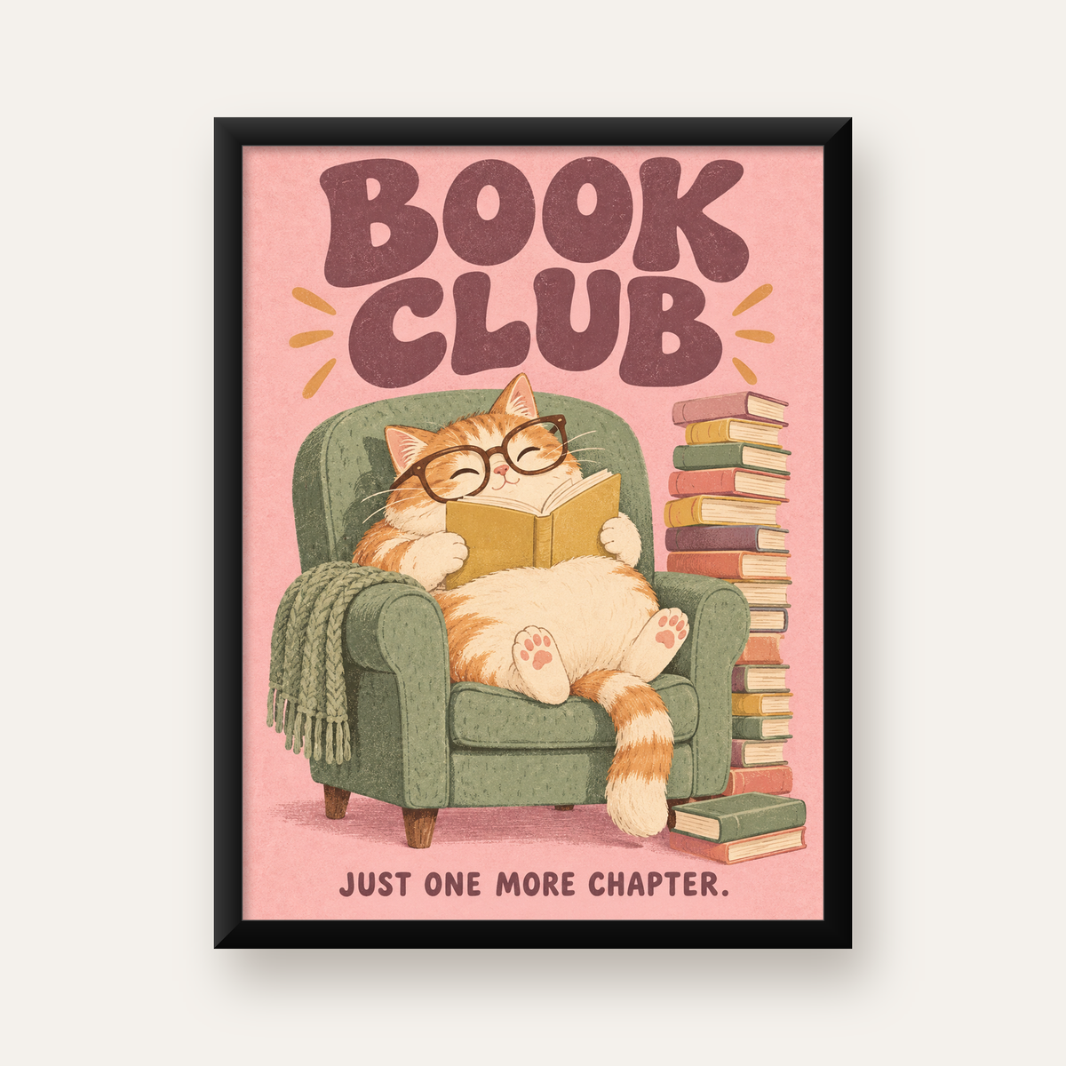 Kitap Okuyan Kedi Poster – Sevimli Book Club Duvar Dekoru — Dikey baskı, düz siyah çerçeveli duvar posteri