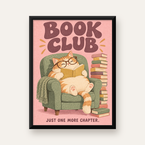 Kitap Okuyan Kedi Poster – Sevimli Book Club Duvar Dekoru