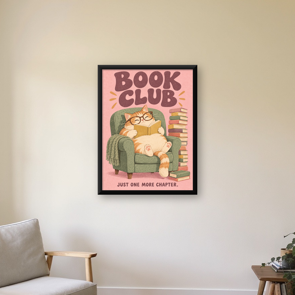 Kitap Okuyan Kedi Poster – Sevimli Book Club Duvar Dekoru — Dikey baskı, çerçeveli hâliyle bir ev duvarında