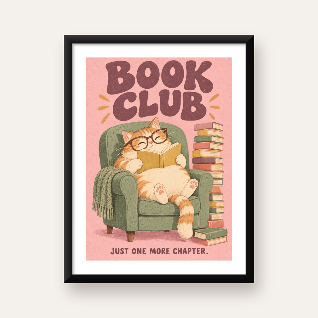 Kitap Okuyan Kedi Poster – Sevimli Book Club Duvar Dekoru — Dikey baskı, beyaz paspartulu