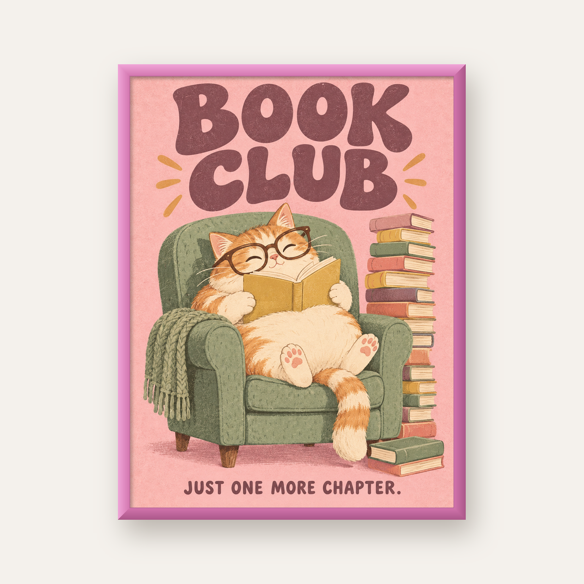 Kitap Okuyan Kedi Poster – Sevimli Book Club Duvar Dekoru — pembe çerçeveli