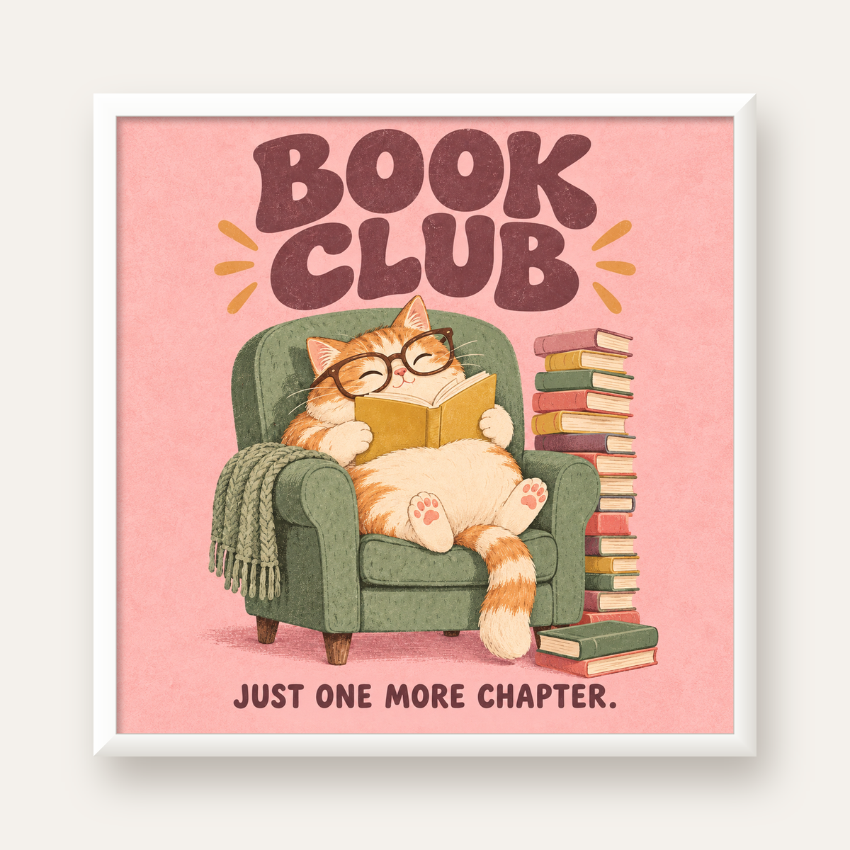 Kitap Okuyan Kedi Poster – Sevimli Book Club Duvar Dekoru — beyaz çerçeveli kare poster