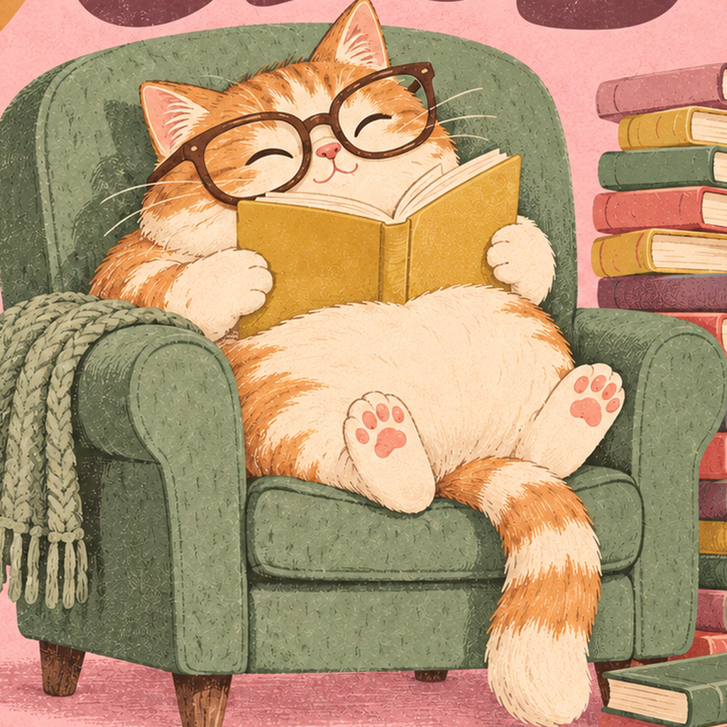 Kitap Okuyan Kedi Poster – Sevimli Book Club Duvar Dekoru — baskının yakın çekimi, kâğıt dokusu ve renk detayı