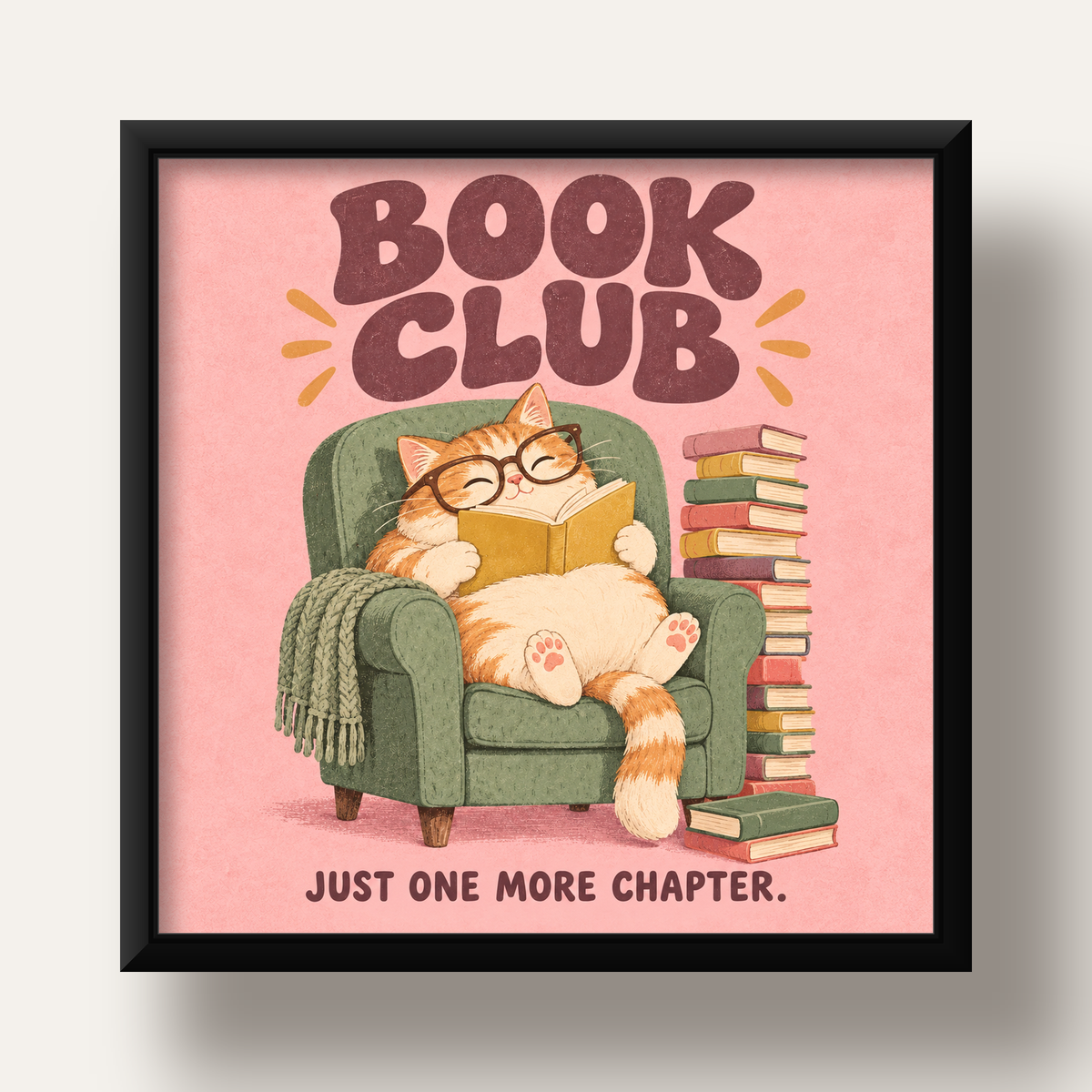 Kitap Okuyan Kedi Poster – Sevimli Book Club Duvar Dekoru — siyah derin çerçeveli