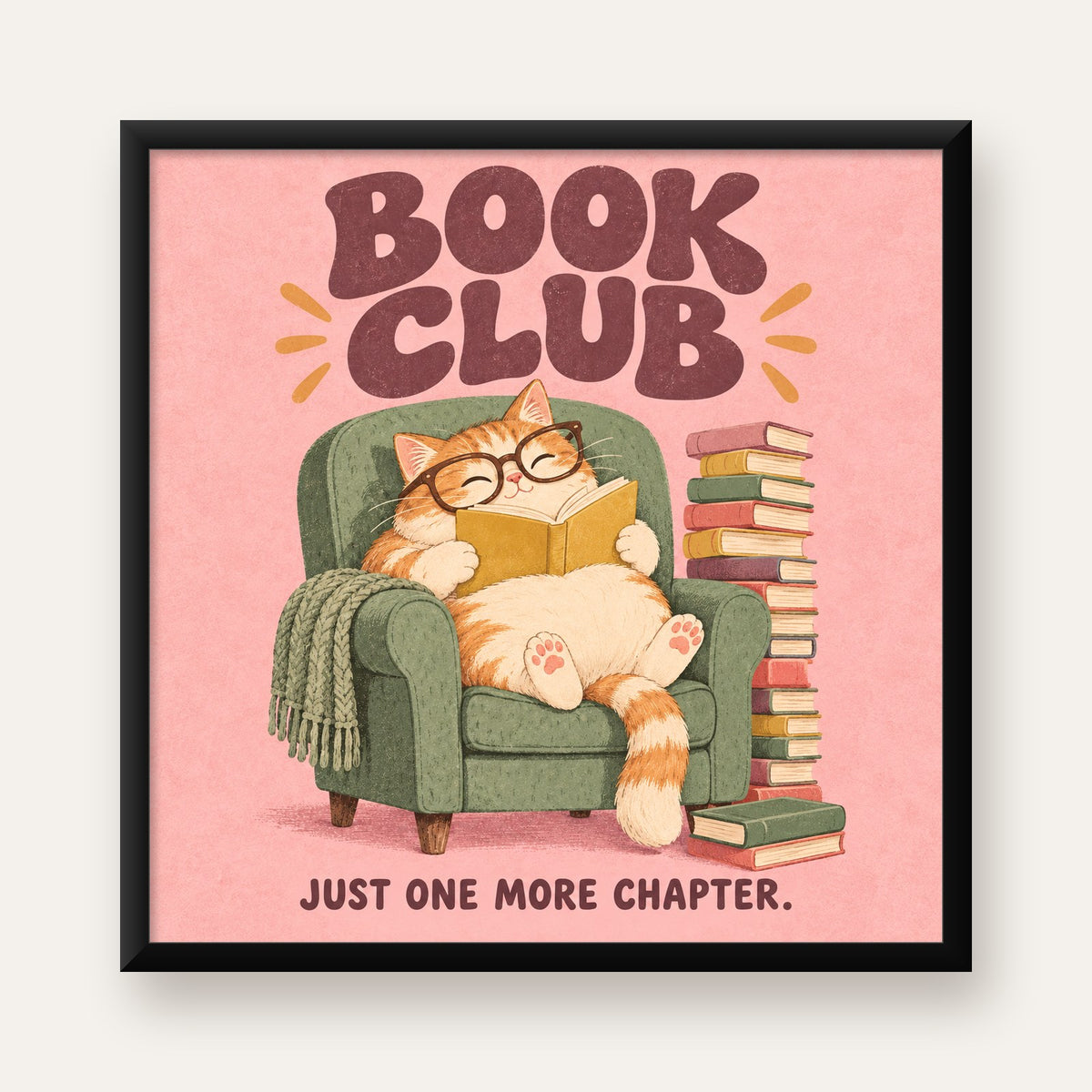 Kitap Okuyan Kedi Poster – Sevimli Book Club Duvar Dekoru — Kare baskı, düz siyah çerçeveli duvar posteri