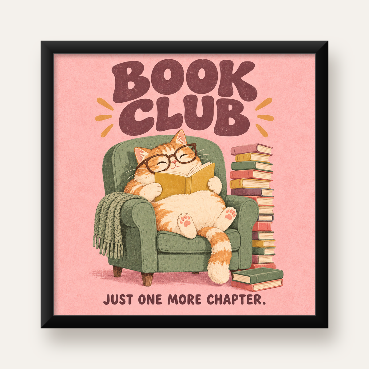 Kitap Okuyan Kedi Poster – Sevimli Book Club Duvar Dekoru — Kare baskı, düz siyah çerçeveli duvar posteri