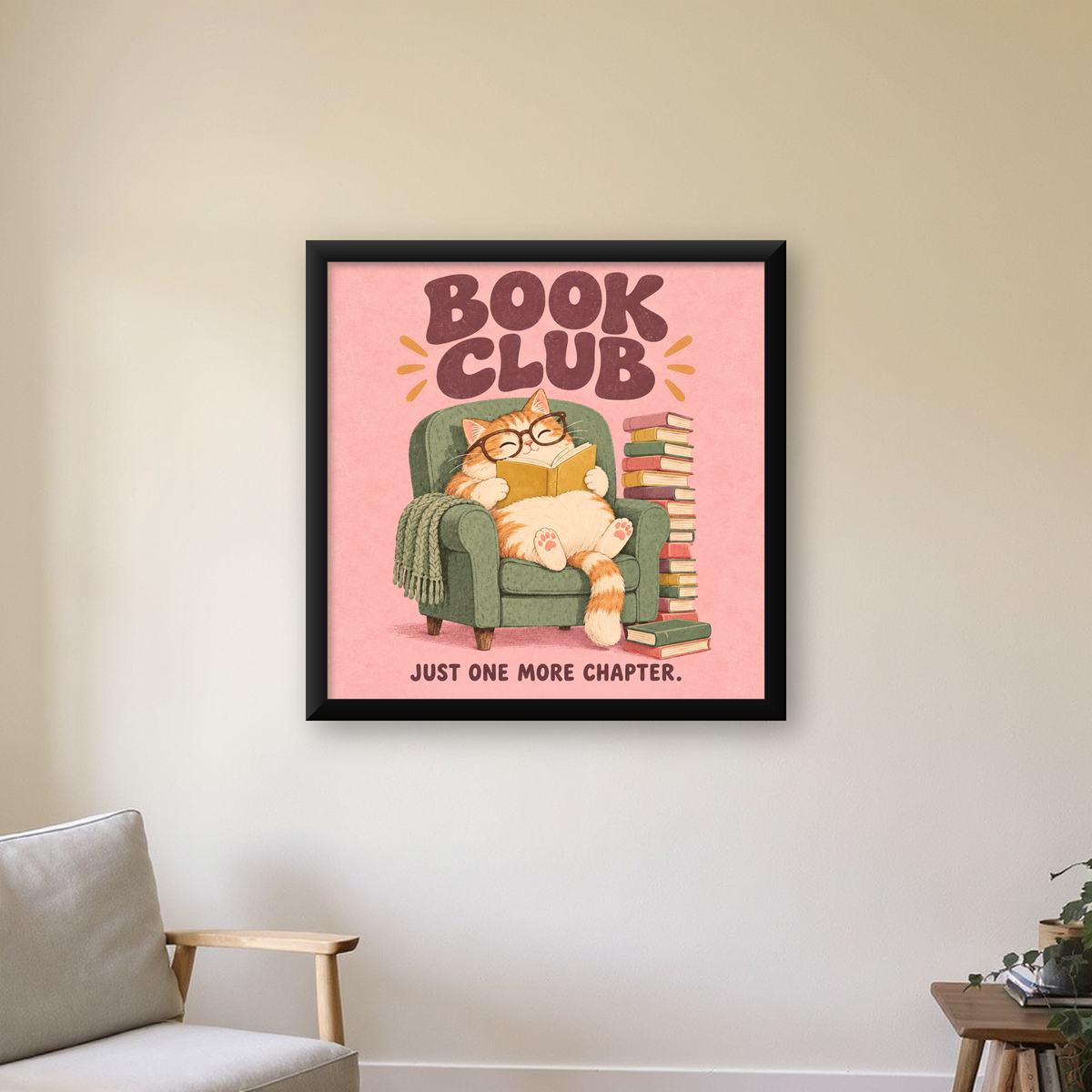 Kitap Okuyan Kedi Poster – Sevimli Book Club Duvar Dekoru — Kare baskı, çerçeveli hâliyle bir ev duvarında