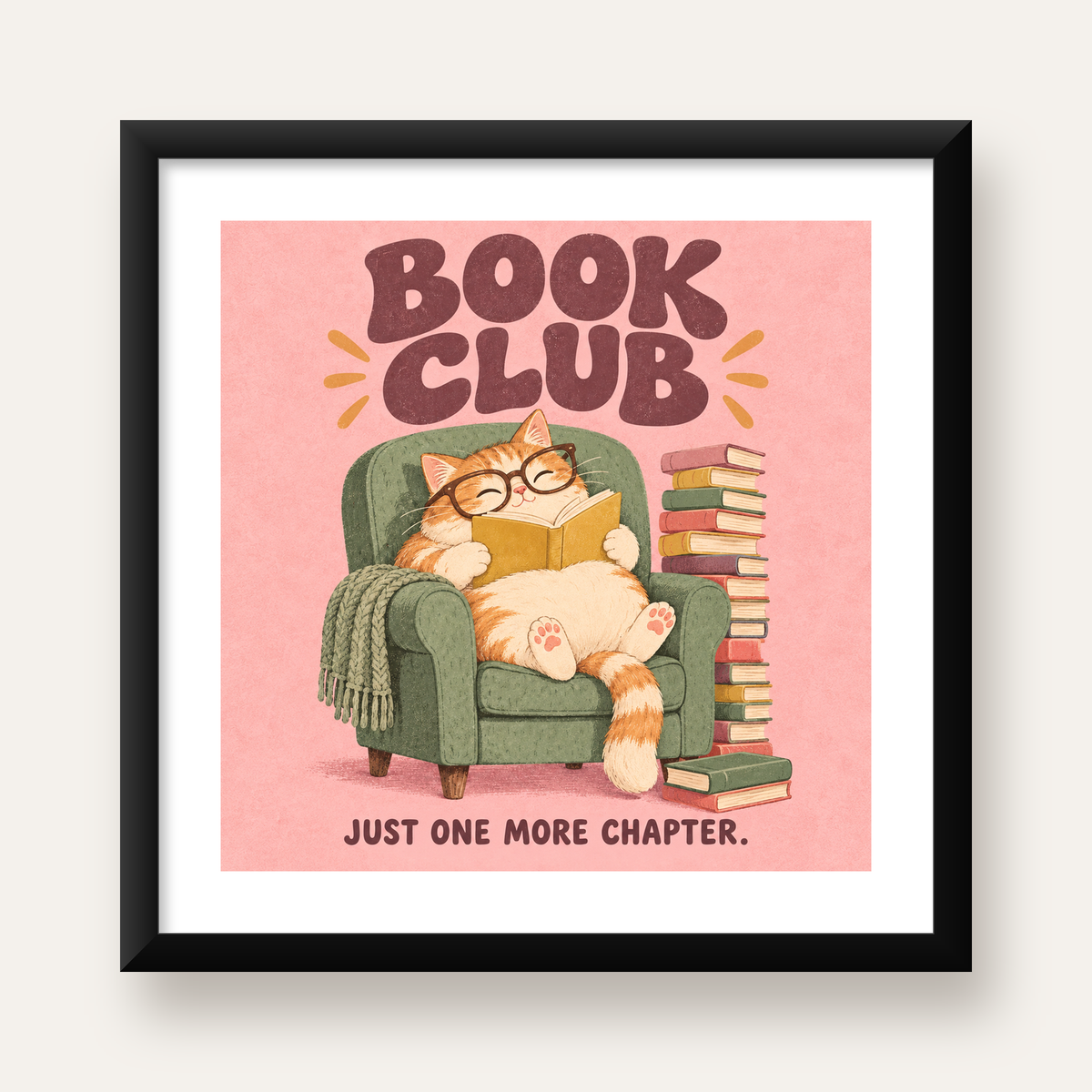 Kitap Okuyan Kedi Poster – Sevimli Book Club Duvar Dekoru — Kare baskı, beyaz paspartulu
