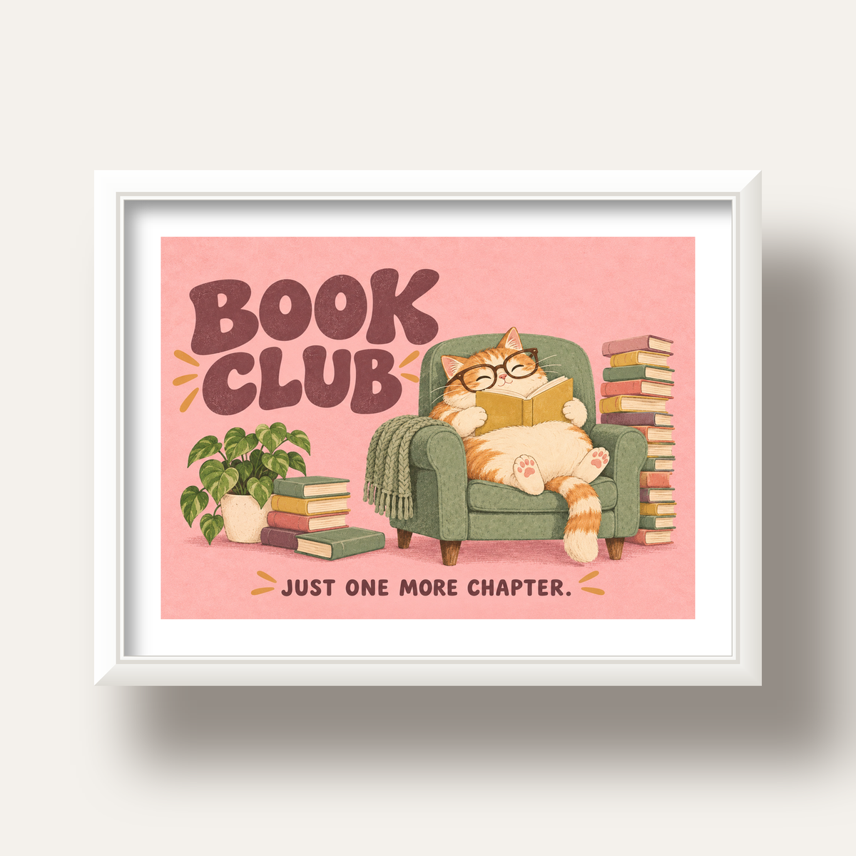 Kitap Okuyan Kedi Poster – Sevimli Book Club Duvar Dekoru — beyaz derin çerçeveli paspartulu