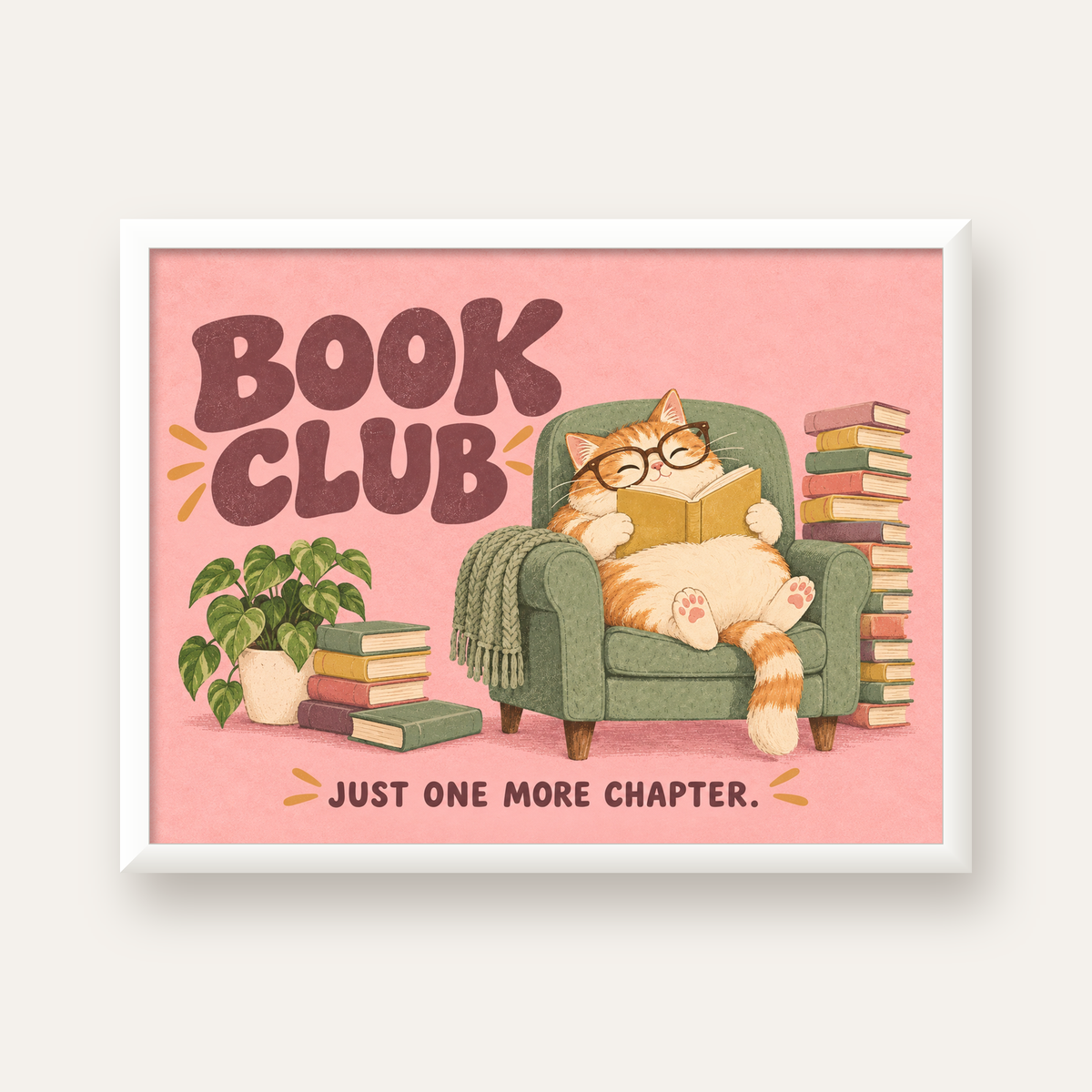 Kitap Okuyan Kedi Poster – Sevimli Book Club Duvar Dekoru — beyaz çerçeveli yatay poster