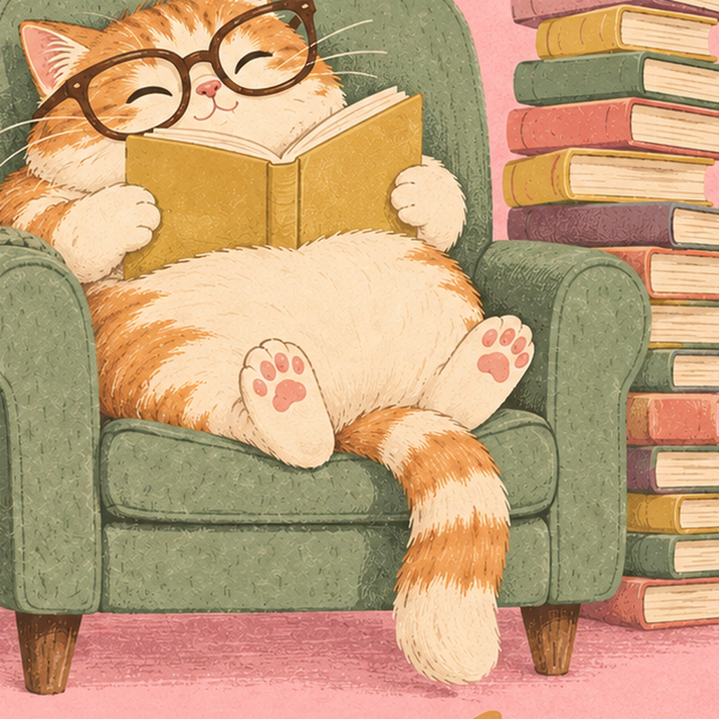 Kitap Okuyan Kedi Poster – Sevimli Book Club Duvar Dekoru — baskının yakın çekimi, kâğıt dokusu ve renk detayı