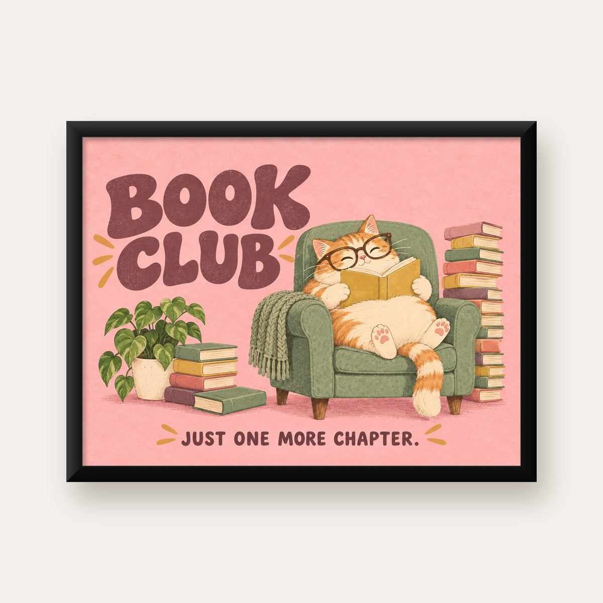 Kitap Okuyan Kedi Poster – Sevimli Book Club Duvar Dekoru — Yatay baskı, düz siyah çerçeveli duvar posteri