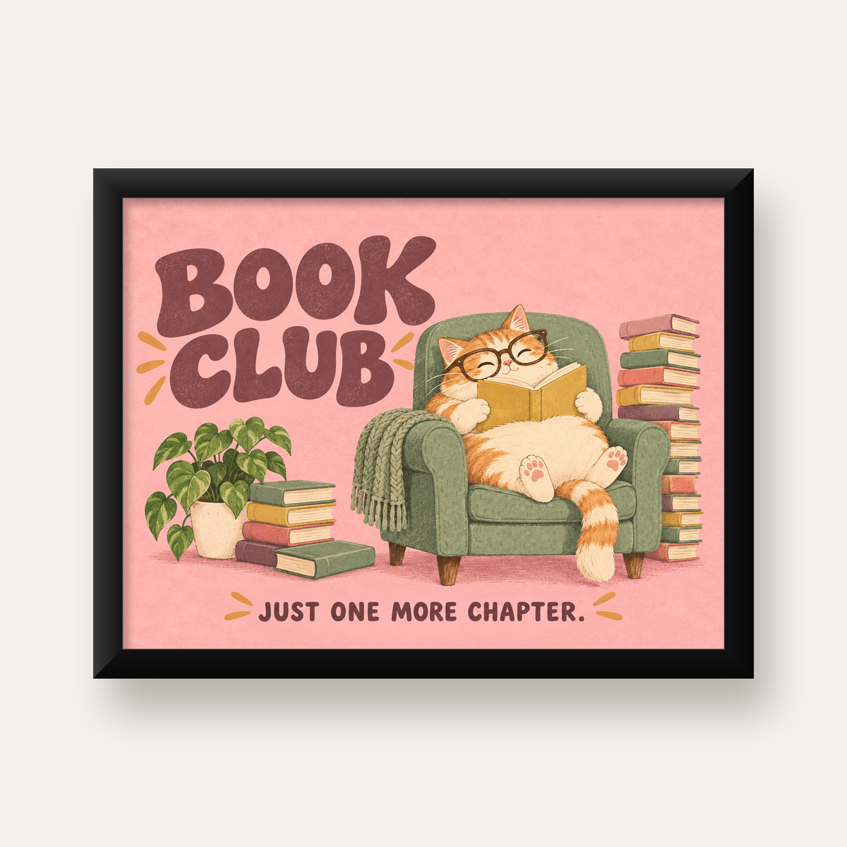 Kitap Okuyan Kedi Poster – Sevimli Book Club Duvar Dekoru — Yatay baskı, düz siyah çerçeveli duvar posteri