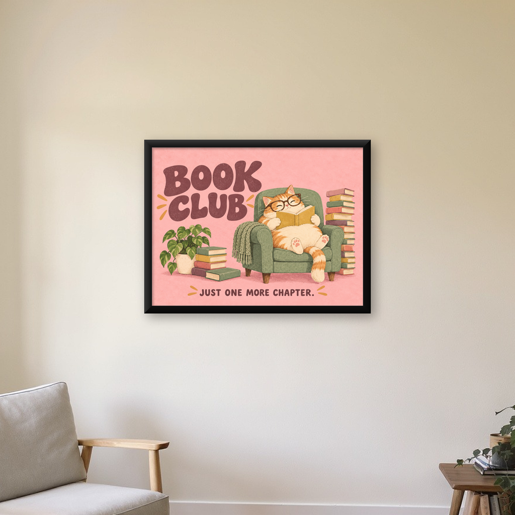 Kitap Okuyan Kedi Poster – Sevimli Book Club Duvar Dekoru — Yatay baskı, çerçeveli hâliyle bir ev duvarında