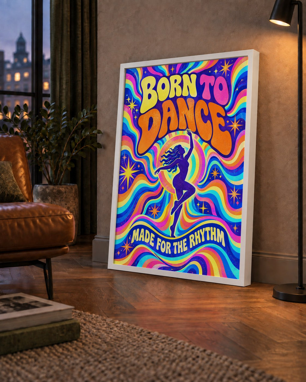 Renkli Dans Temalı Retro & Psychedelic Poster Baskı — çerçeveli hâliyle bir ev duvarında