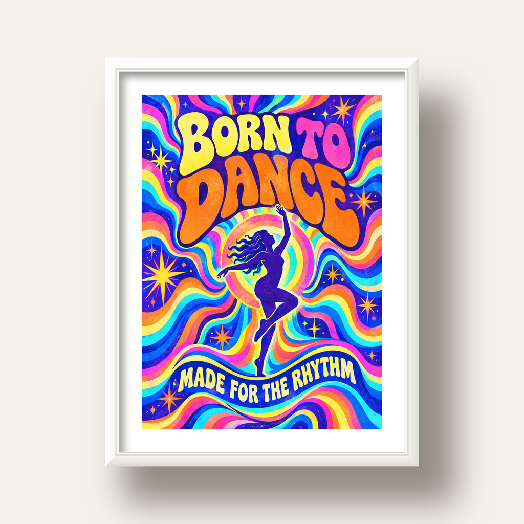 Renkli Dans Temalı Retro & Psychedelic Poster Baskı — beyaz derin çerçeveli paspartulu