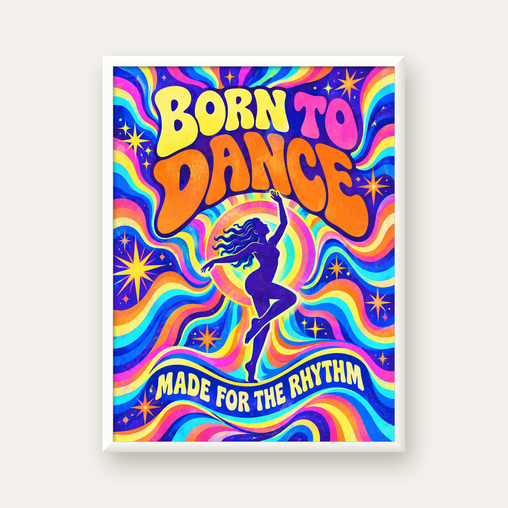 Renkli Dans Temalı Retro & Psychedelic Poster Baskı — beyaz çerçeveli dikey poster