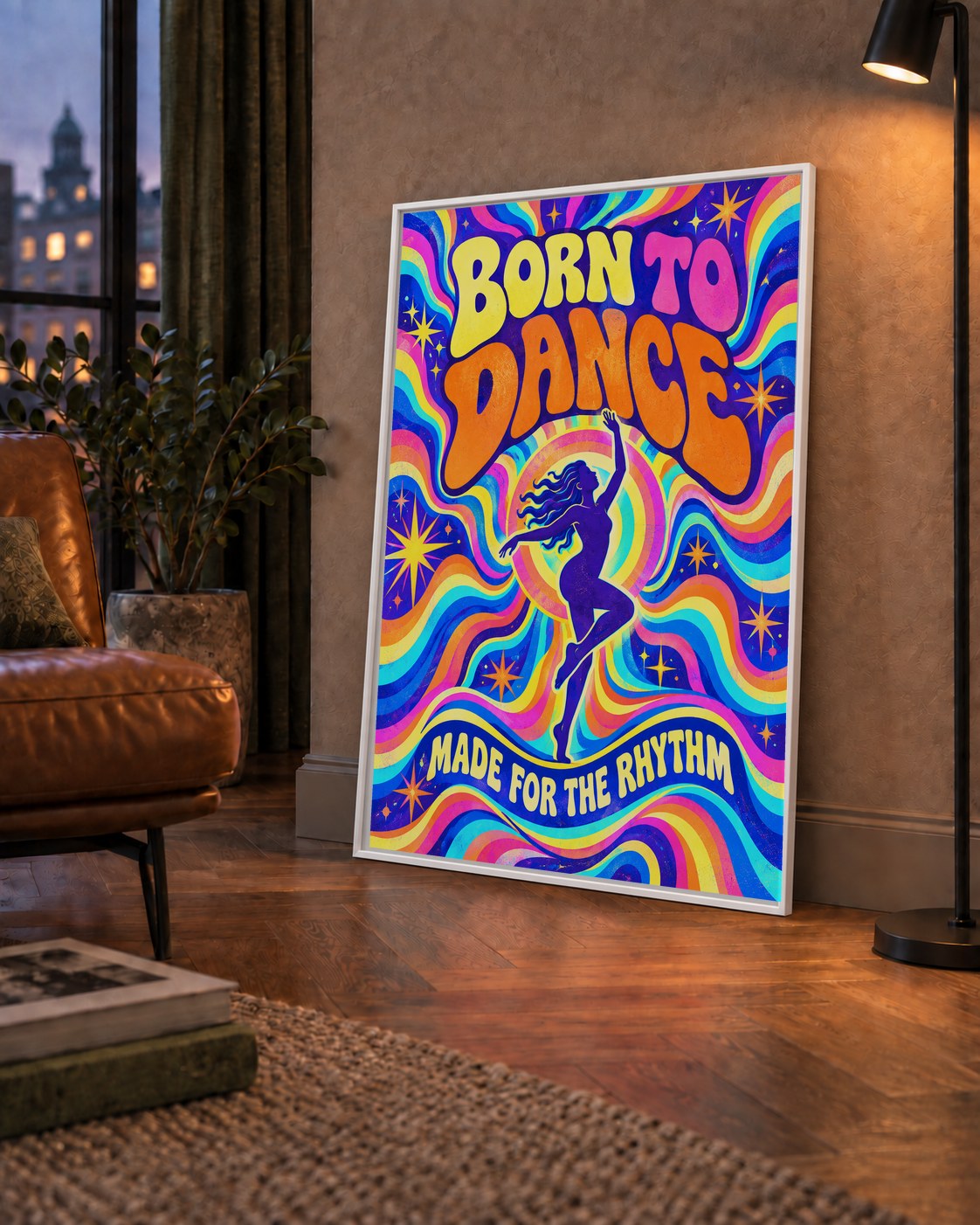 Renkli Dans Temalı Retro & Psychedelic Poster Baskı — çerçeveli hâliyle bir ev duvarında