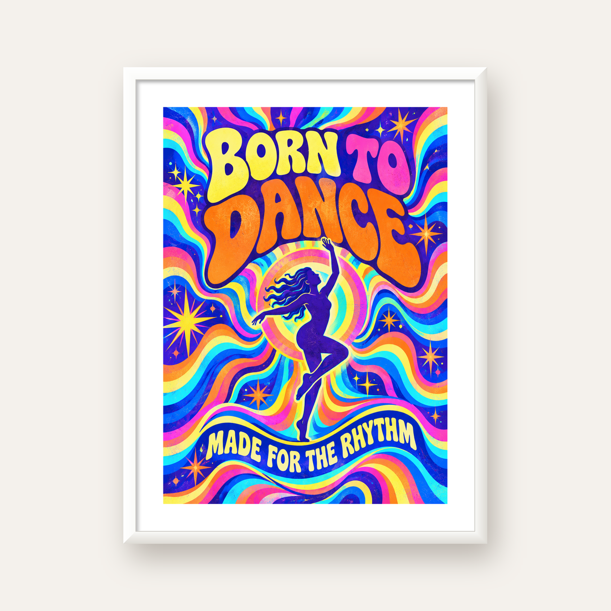 Renkli Dans Temalı Retro & Psychedelic Poster Baskı — beyaz çerçeveli dikey poster