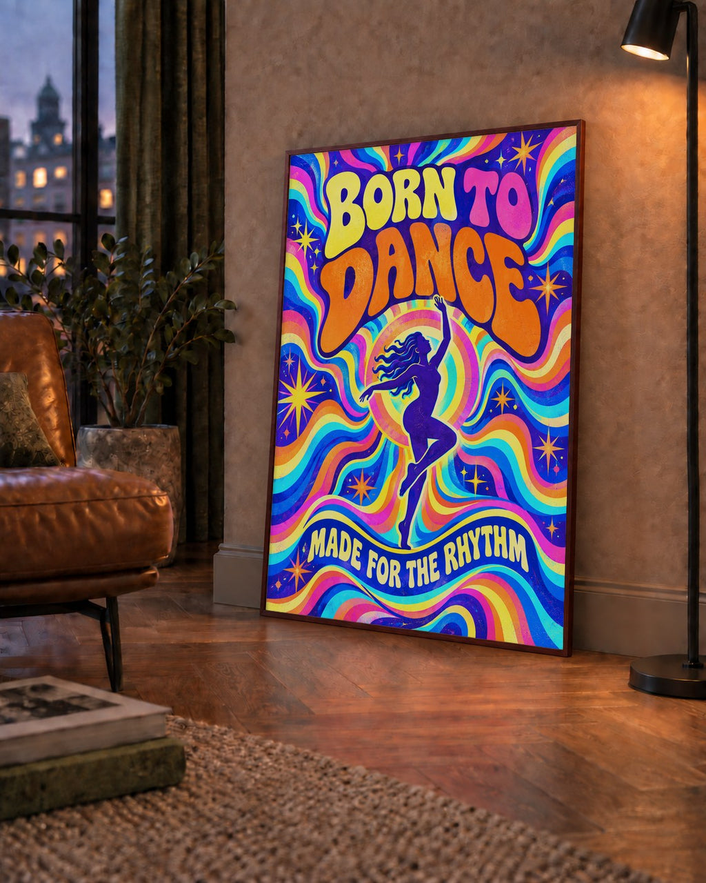 Renkli Dans Temalı Retro & Psychedelic Poster Baskı — çerçeveli hâliyle bir ev duvarında