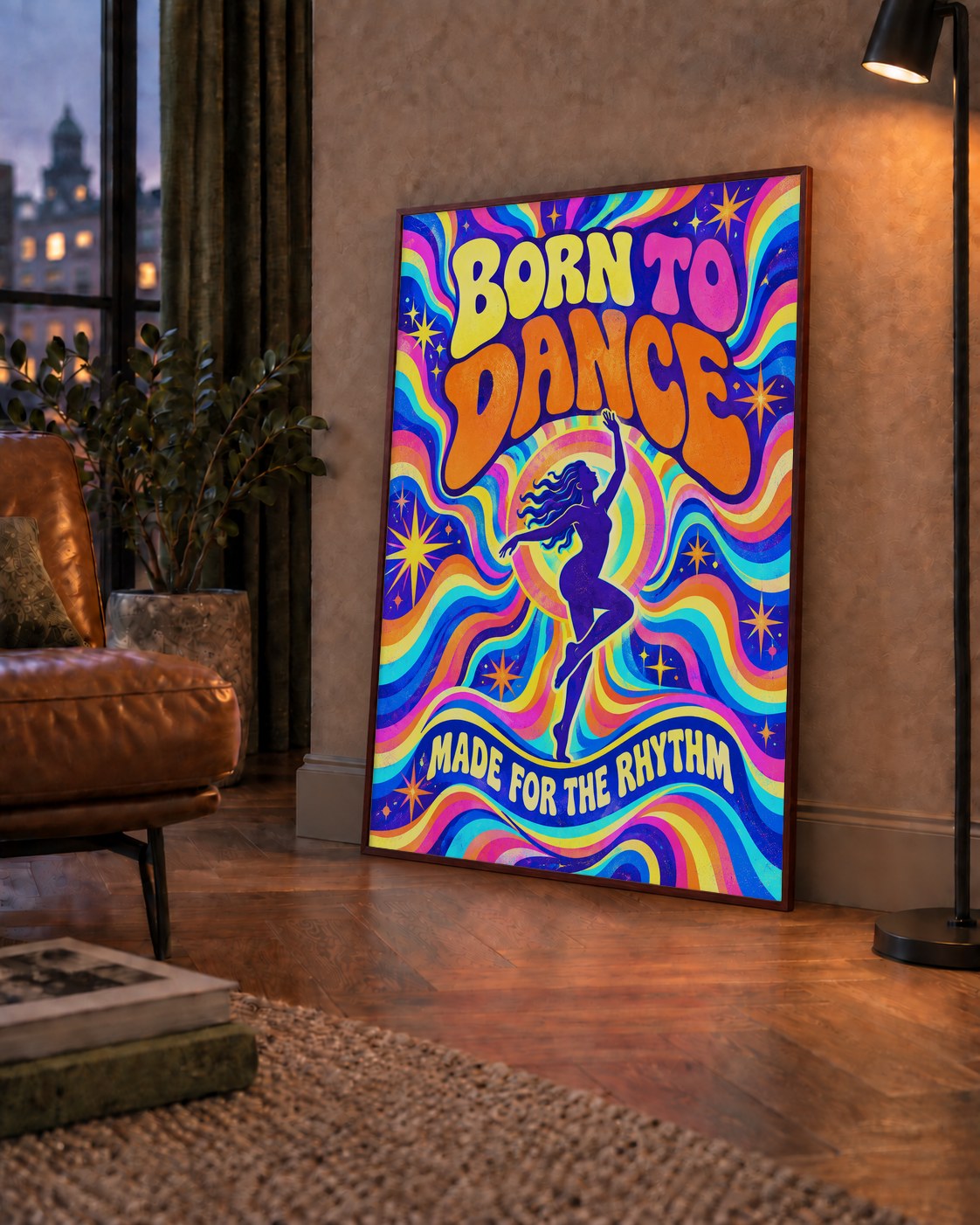 Renkli Dans Temalı Retro & Psychedelic Poster Baskı — çerçeveli hâliyle bir ev duvarında