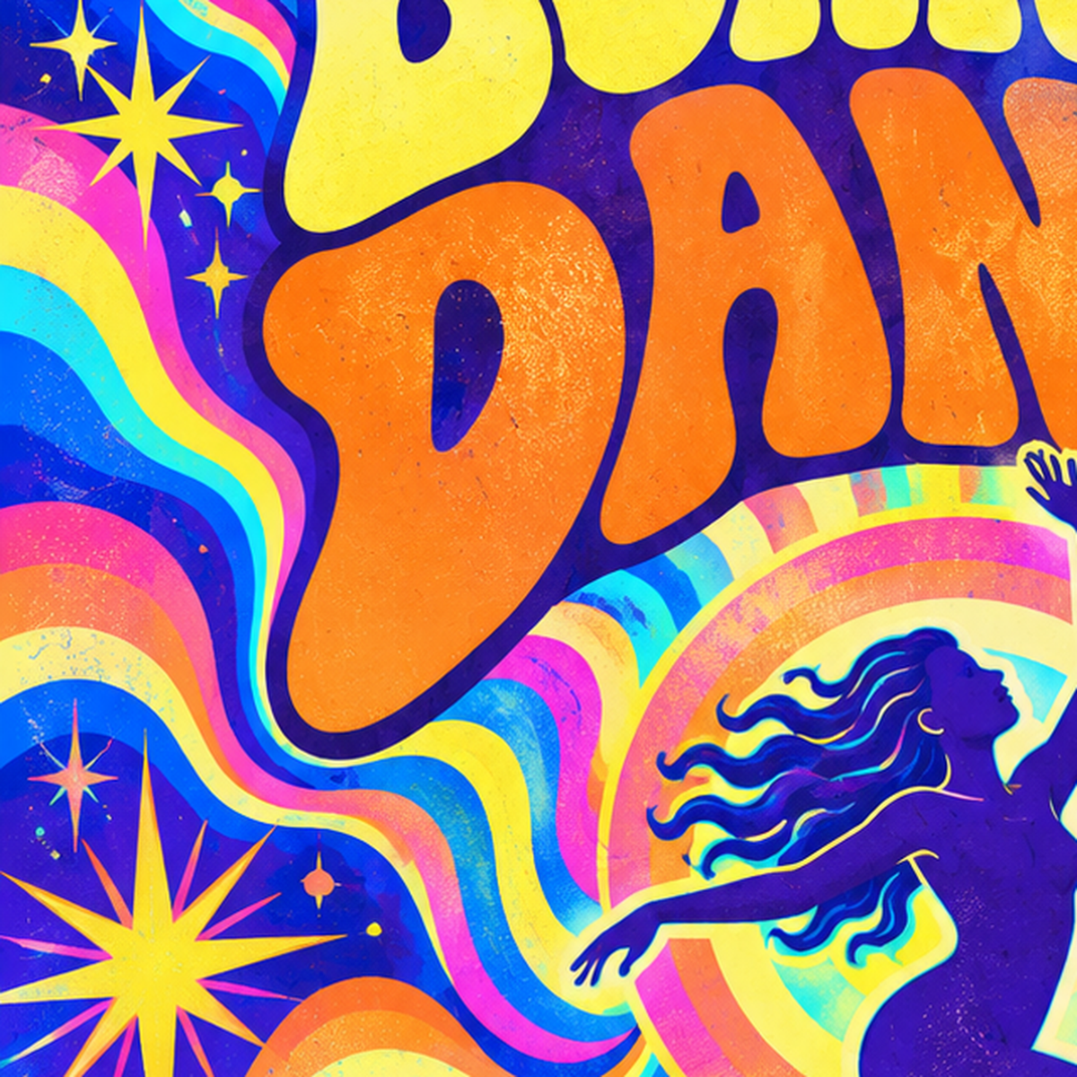 Renkli Dans Temalı Retro & Psychedelic Poster Baskı — baskının yakın çekimi, kâğıt dokusu ve renk detayı