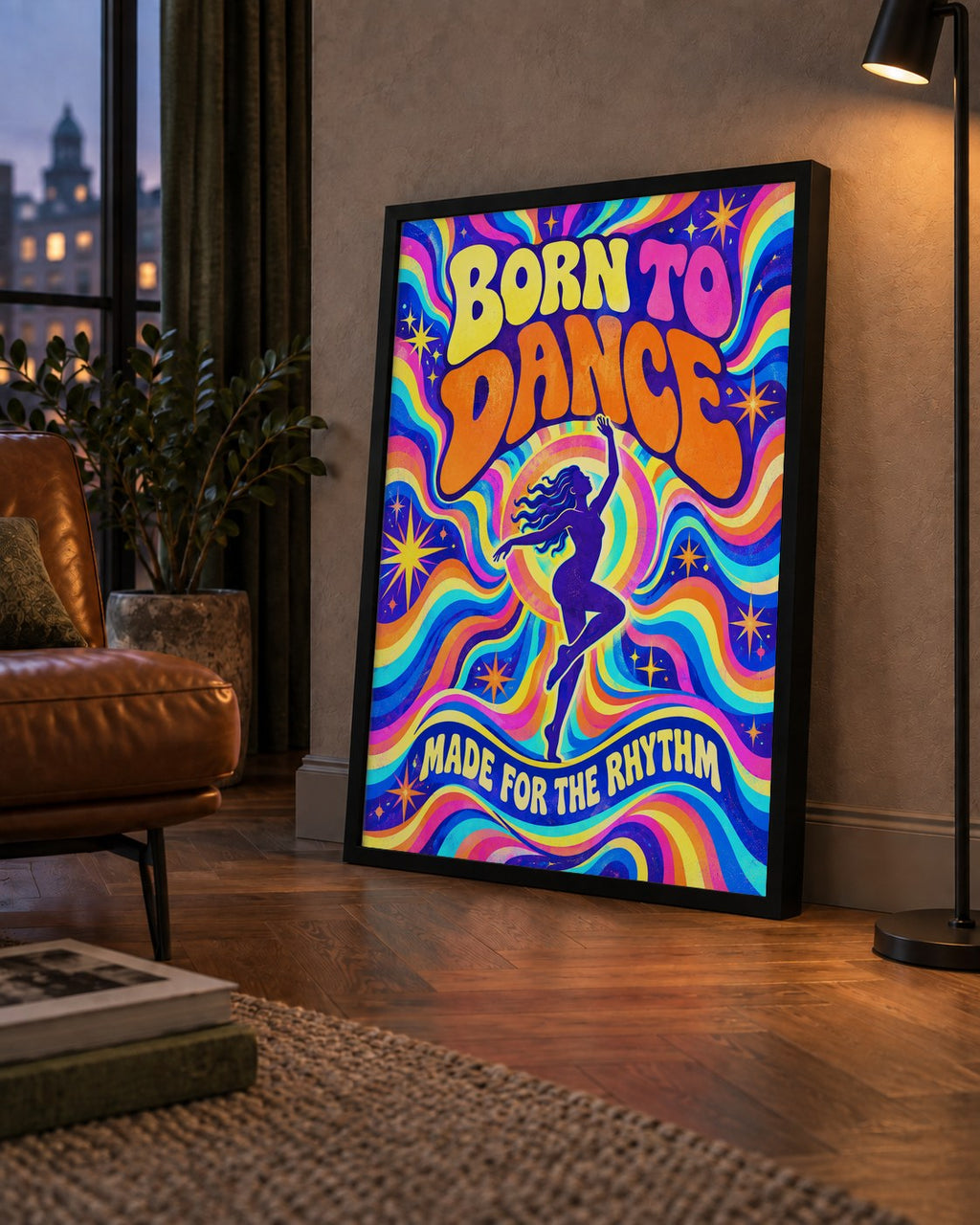 Renkli Dans Temalı Retro & Psychedelic Poster Baskı — çerçeveli hâliyle bir ev duvarında