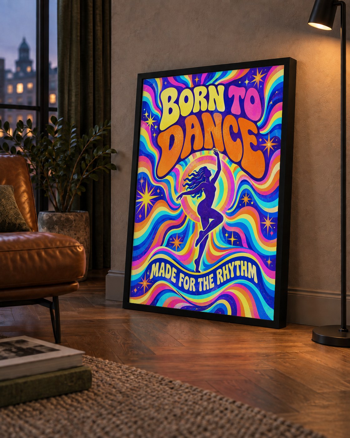 Renkli Dans Temalı Retro & Psychedelic Poster Baskı — çerçeveli hâliyle bir ev duvarında