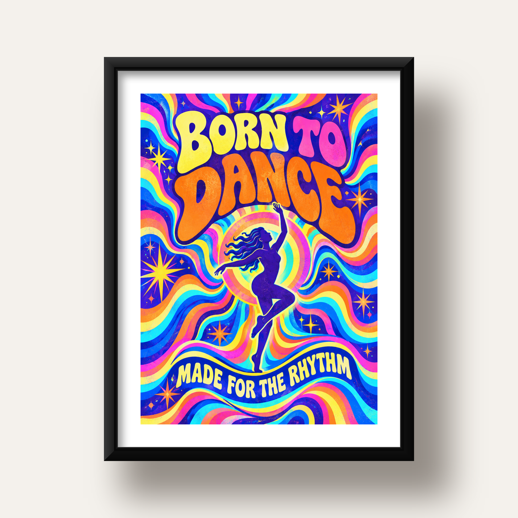 Renkli Dans Temalı Retro & Psychedelic Poster Baskı — siyah derin çerçeveli paspartulu