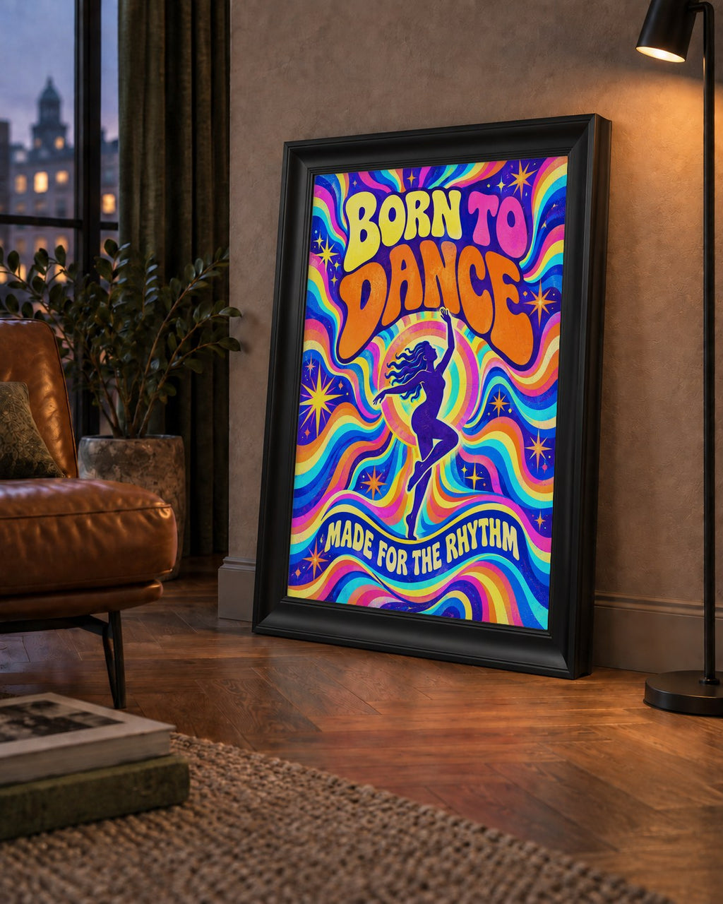 Renkli Dans Temalı Retro & Psychedelic Poster Baskı — çerçeveli hâliyle bir ev duvarında