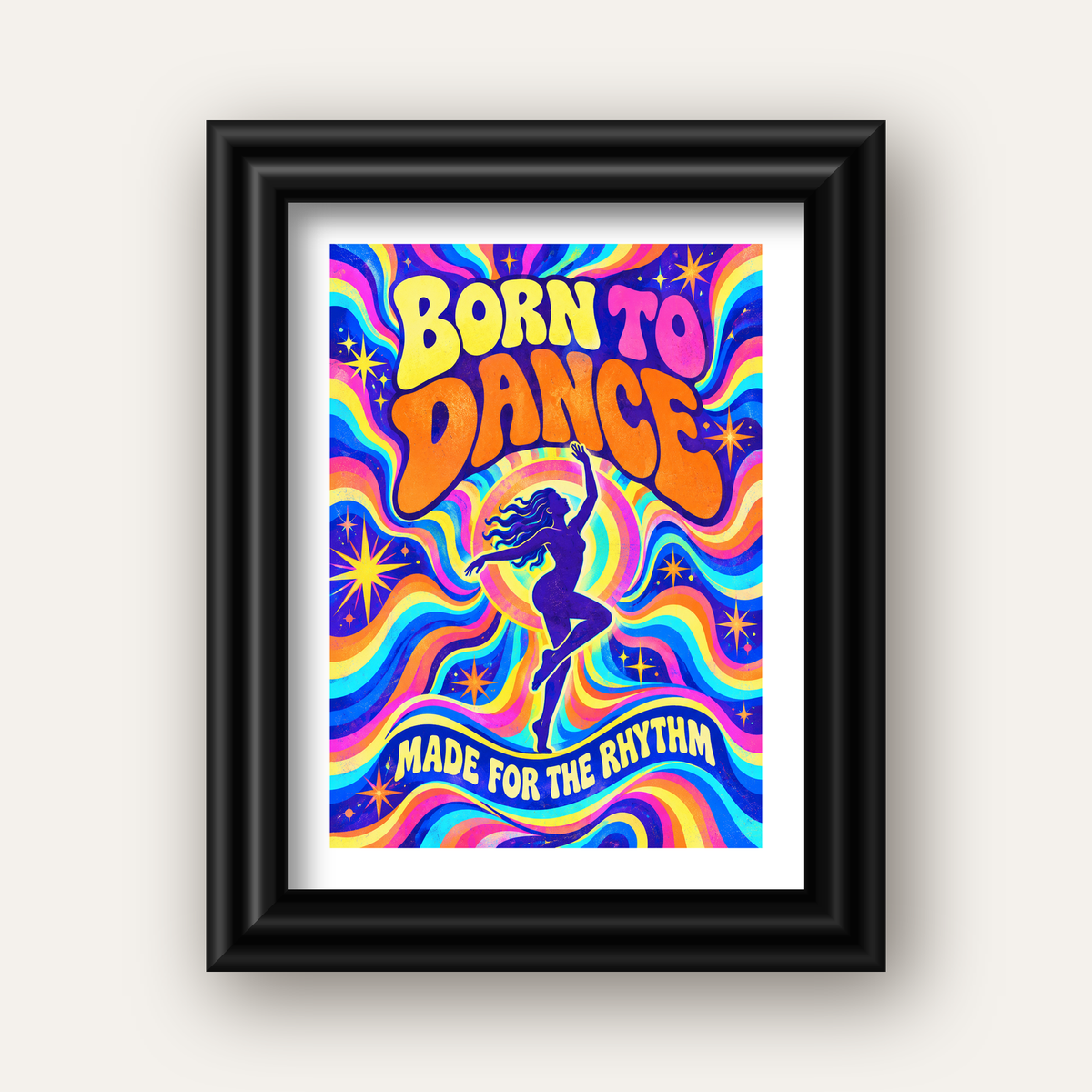 Renkli Dans Temalı Retro & Psychedelic Poster Baskı — siyah galeri çerçeveli paspartulu