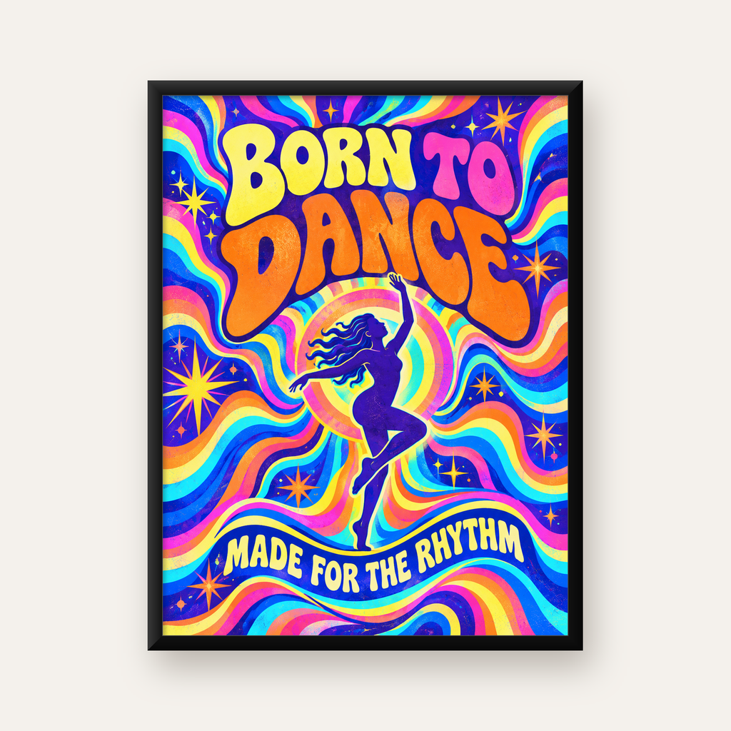 Renkli Dans Temalı Retro & Psychedelic Poster Baskı — Dikey baskı, düz siyah çerçeveli duvar posteri