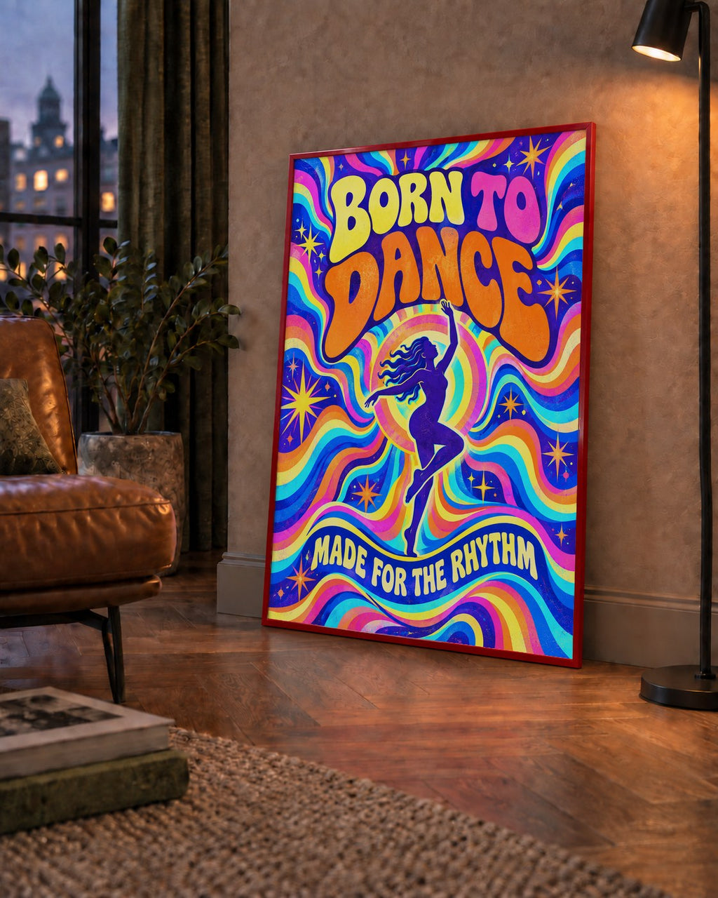 Renkli Dans Temalı Retro & Psychedelic Poster Baskı — çerçeveli hâliyle bir ev duvarında