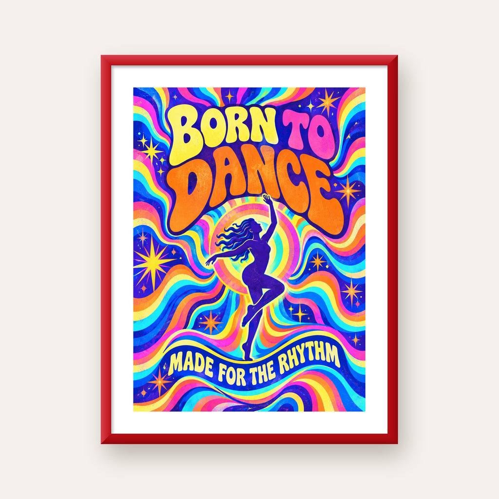 Renkli Dans Temalı Retro & Psychedelic Poster Baskı — kırmızı çerçeveli paspartulu