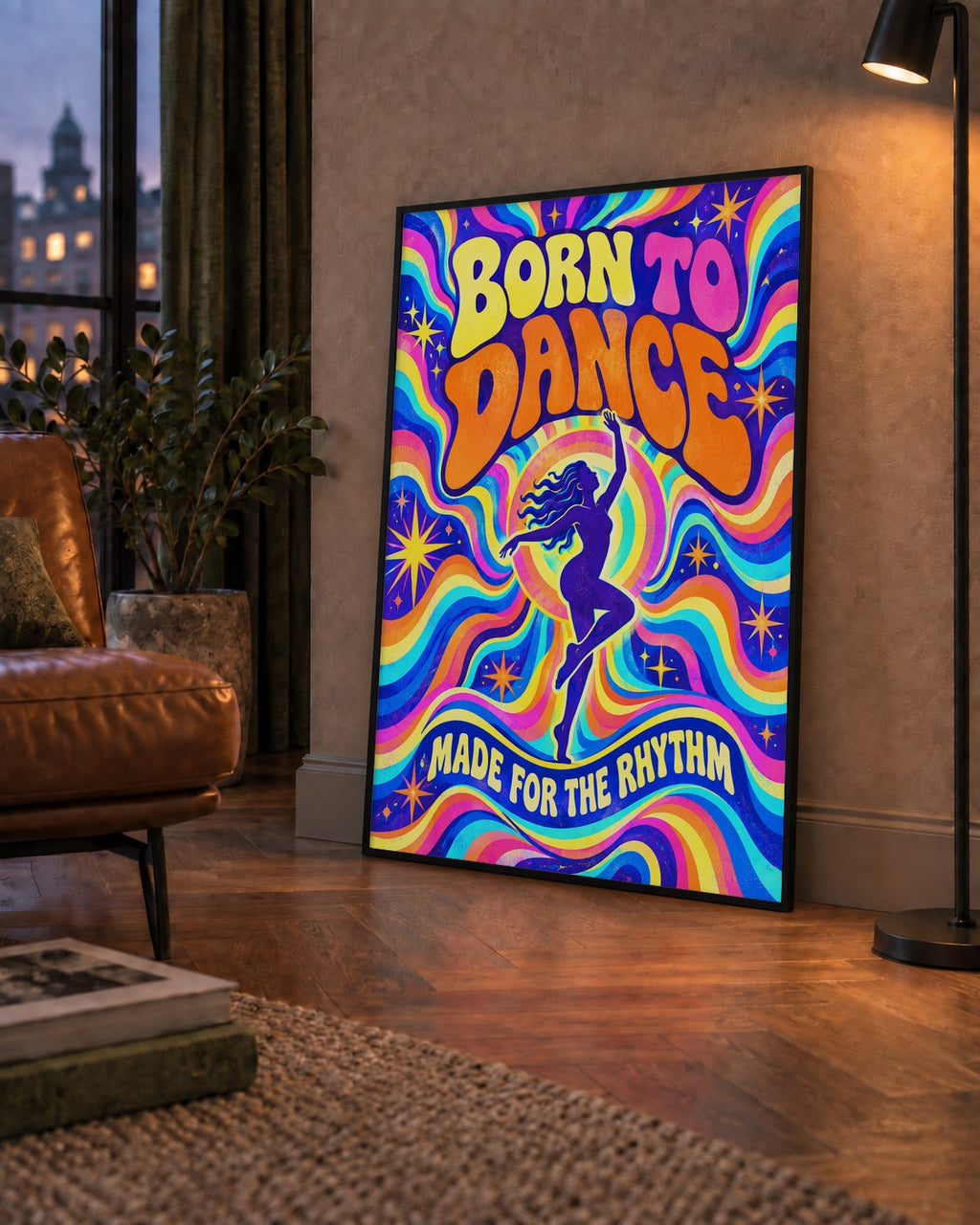 Renkli Dans Temalı Retro & Psychedelic Poster Baskı — çerçeveli hâliyle bir ev duvarında