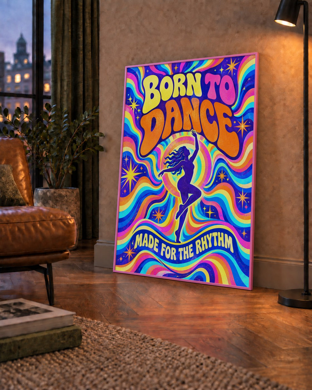 Renkli Dans Temalı Retro & Psychedelic Poster Baskı — çerçeveli hâliyle bir ev duvarında