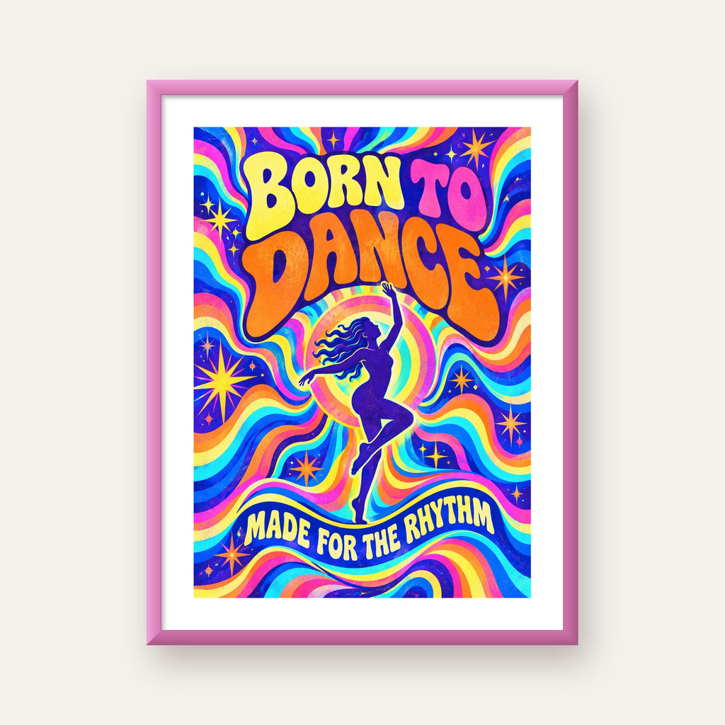 Renkli Dans Temalı Retro & Psychedelic Poster Baskı — pembe çerçeveli paspartulu