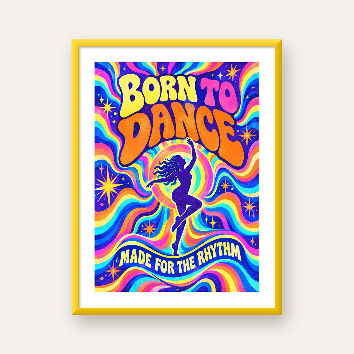 Renkli Dans Temalı Retro & Psychedelic Poster Baskı — sarı çerçeveli paspartulu