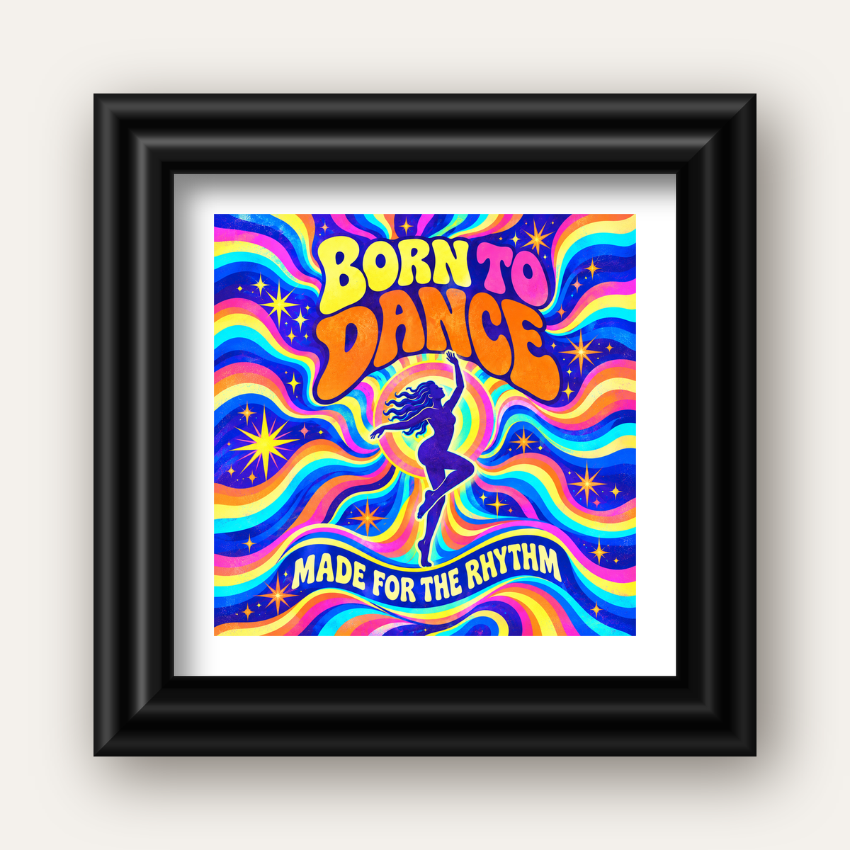 Renkli Dans Temalı Retro & Psychedelic Poster Baskı — siyah galeri çerçeveli paspartulu