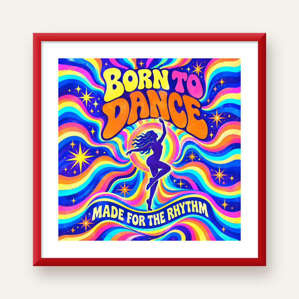 Renkli Dans Temalı Retro & Psychedelic Poster Baskı — kırmızı çerçeveli paspartulu