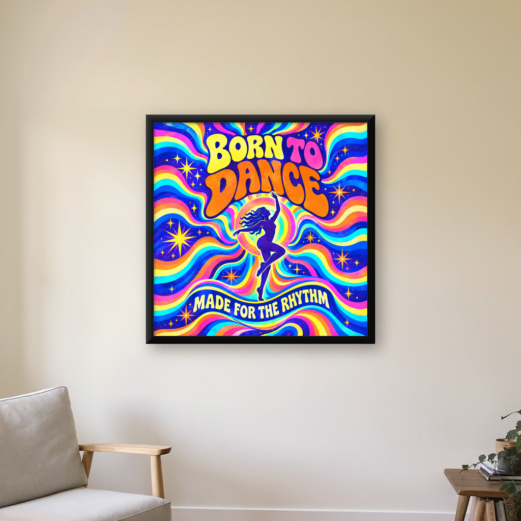 Renkli Dans Temalı Retro & Psychedelic Poster Baskı — Kare baskı, çerçeveli hâliyle bir ev duvarında