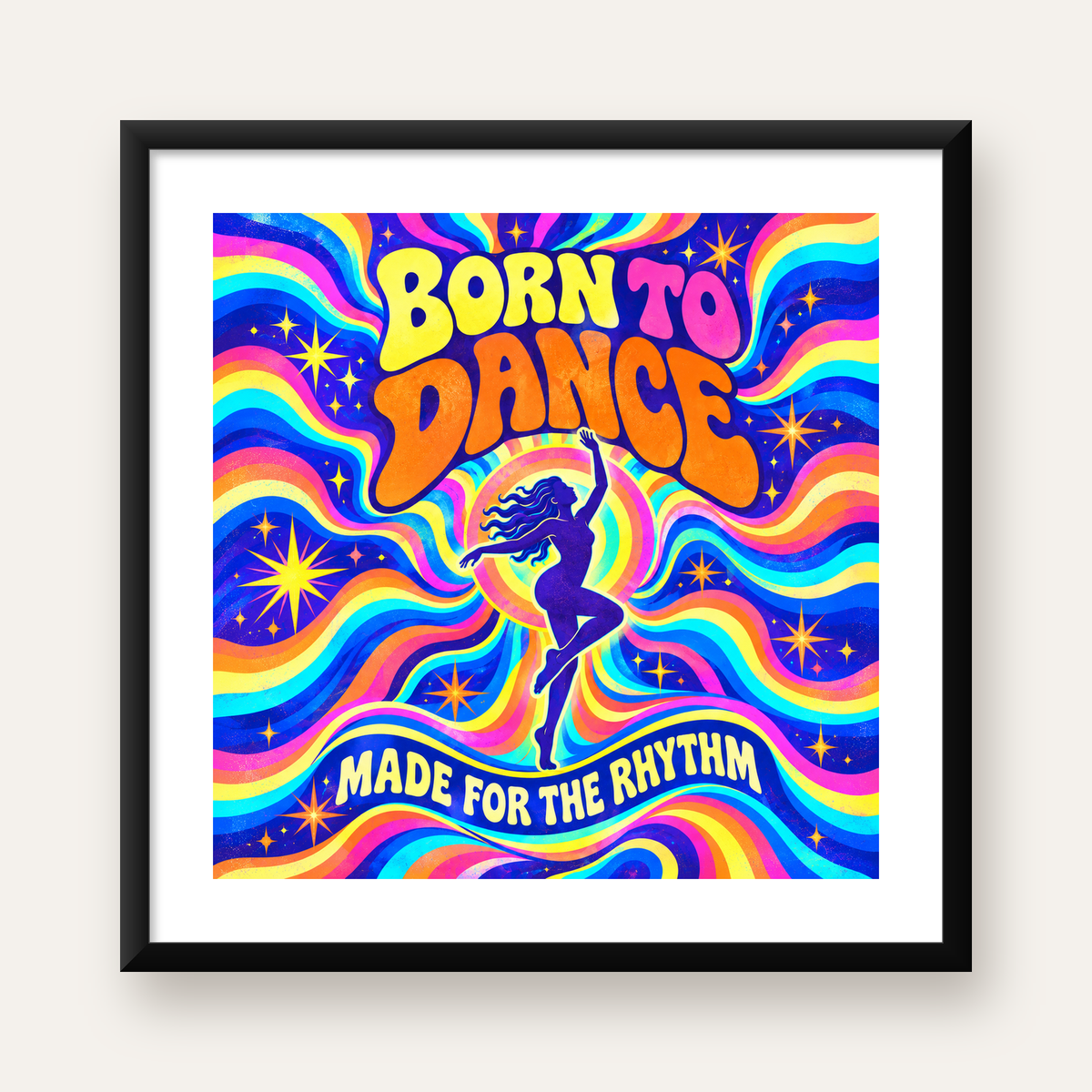Renkli Dans Temalı Retro & Psychedelic Poster Baskı — Kare baskı, beyaz paspartulu