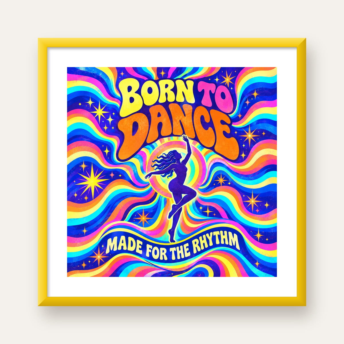 Renkli Dans Temalı Retro & Psychedelic Poster Baskı — sarı çerçeveli paspartulu
