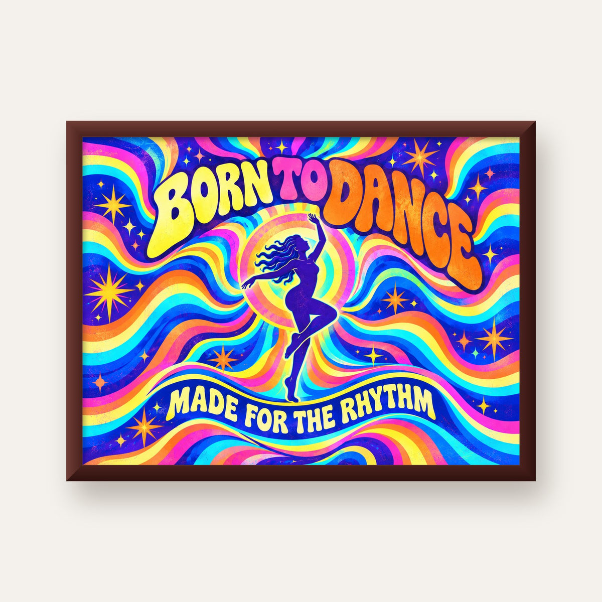 Renkli Dans Temalı Retro & Psychedelic Poster Baskı — ceviz çerçeveli