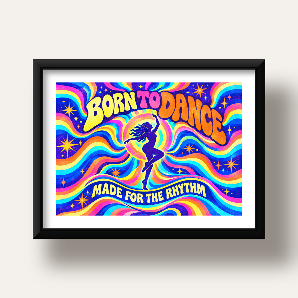 Renkli Dans Temalı Retro & Psychedelic Poster Baskı — siyah derin çerçeveli paspartulu