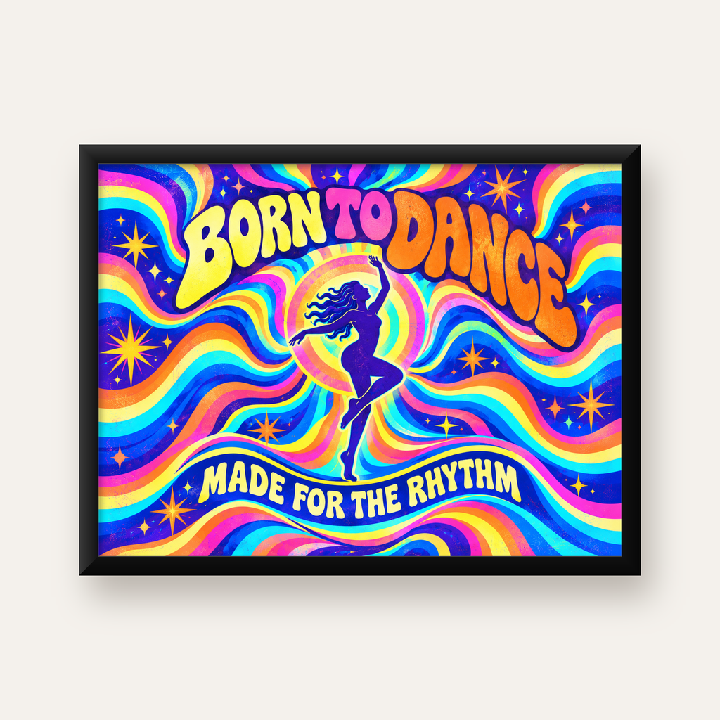 Renkli Dans Temalı Retro & Psychedelic Poster Baskı — Yatay baskı, düz siyah çerçeveli duvar posteri